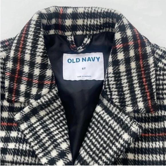 Old Navy Plaid Pea Coat Girls Black White Red Size 5T NWOT - Picture 5 of 8